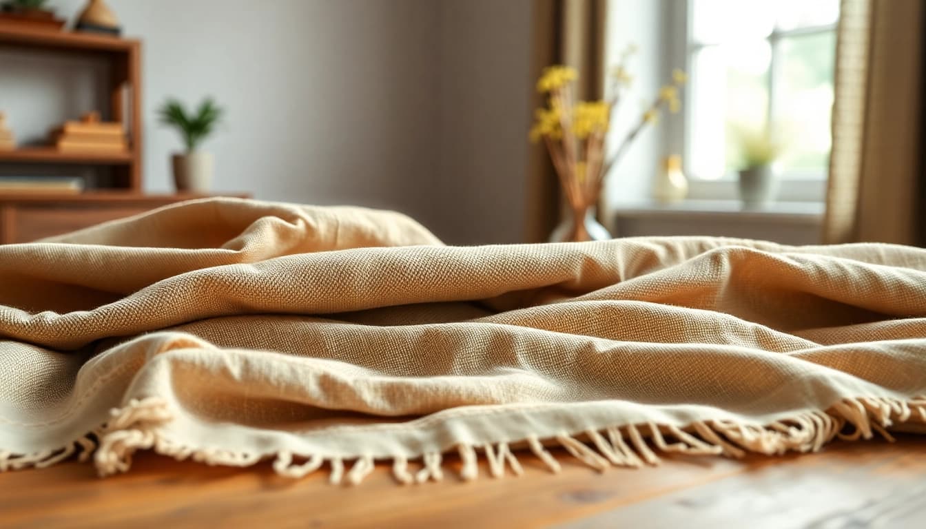Linnen stoffen in mooie texturen en kleuren op een houten tafel.