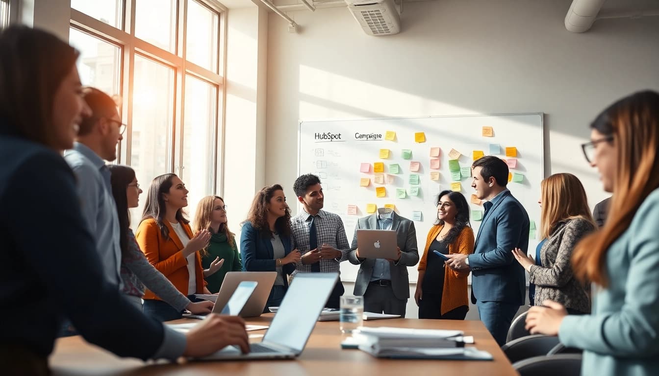 Creating a HubSpot marketing email with a professional team brainstorming and collaborating.