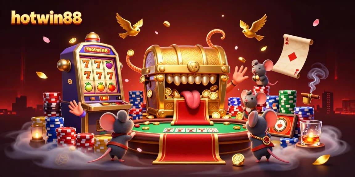 Hotwin88 showcases vibrant slot machines and animated treasures in an enticing casino scene.