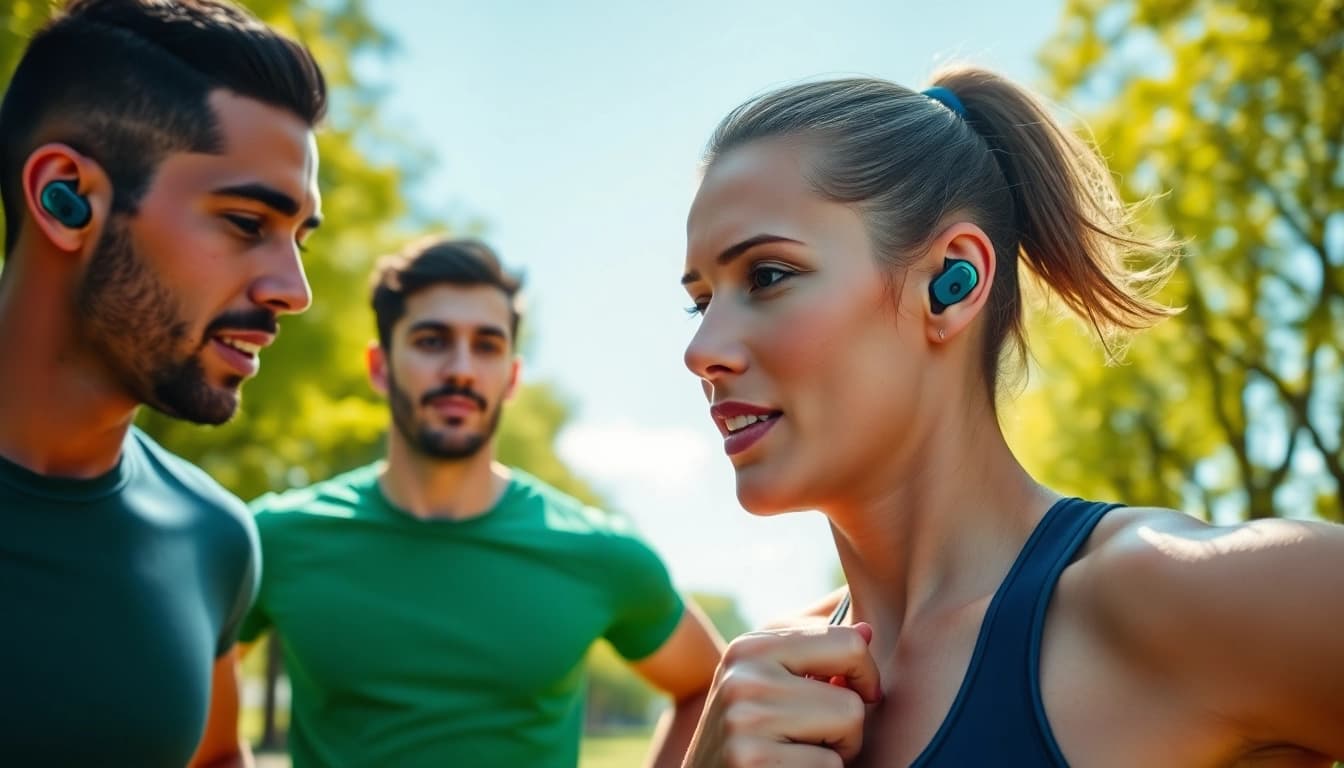 Engaged athletes wearing Shokz headphones highlight innovative sound technology during workouts.