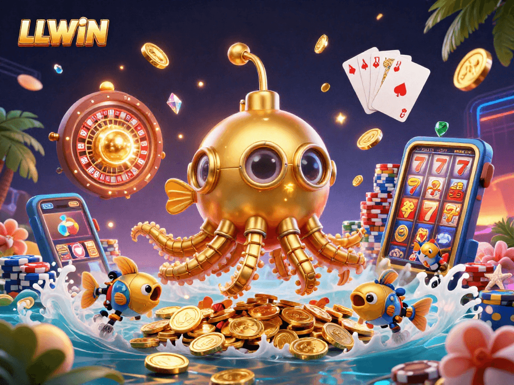 Engage with LLWIN's thrilling gaming world featuring a kraken submarine amidst spinning roulette, golden coins, and vibrant poker chips.