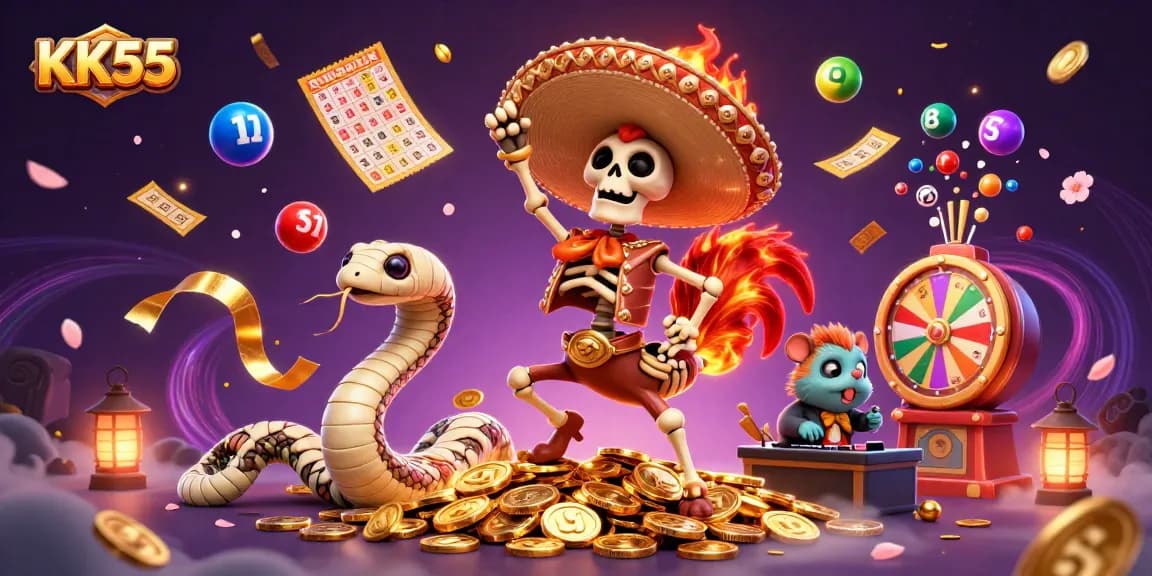 Experience KK55 with vibrant lottery balls and dynamic casino elements in a festive celebration.
