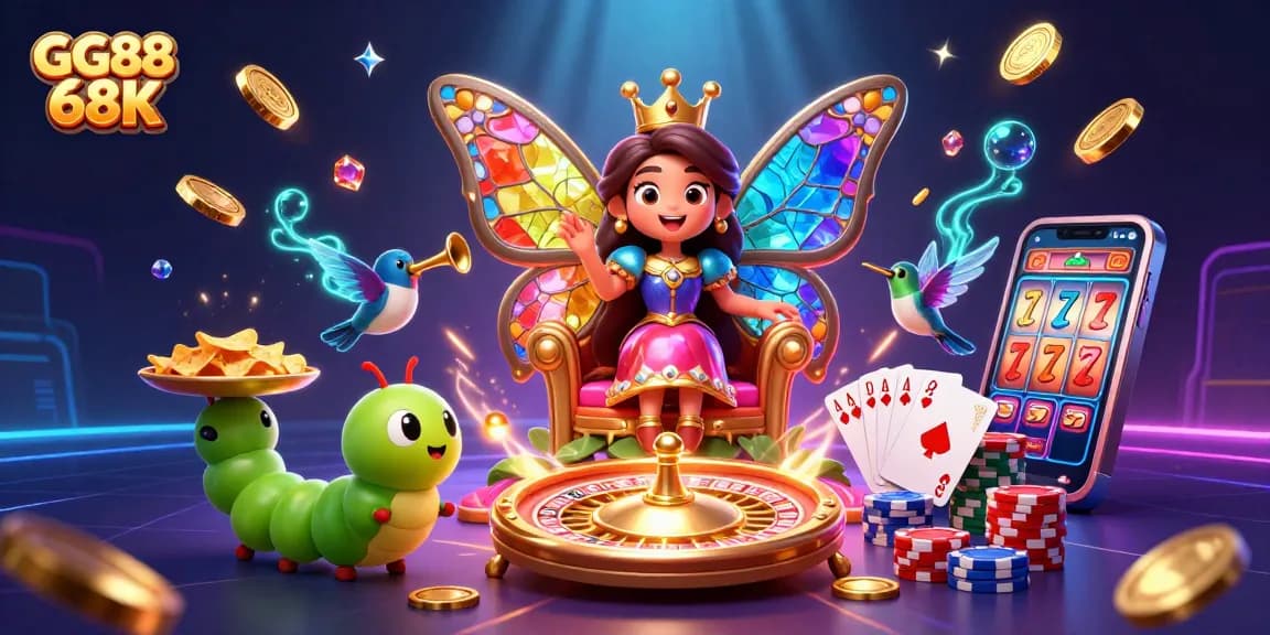 Win big with GG88 68K's vibrant casino illustration featuring royal flush cards and spinning roulette.