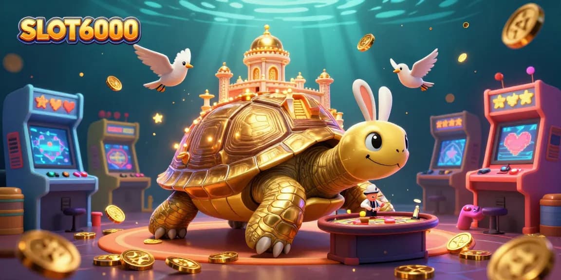 SLOT6000 provides an exciting visual of a golden tortoise casino, featuring a rabbit dealer and colorful gaming elements.