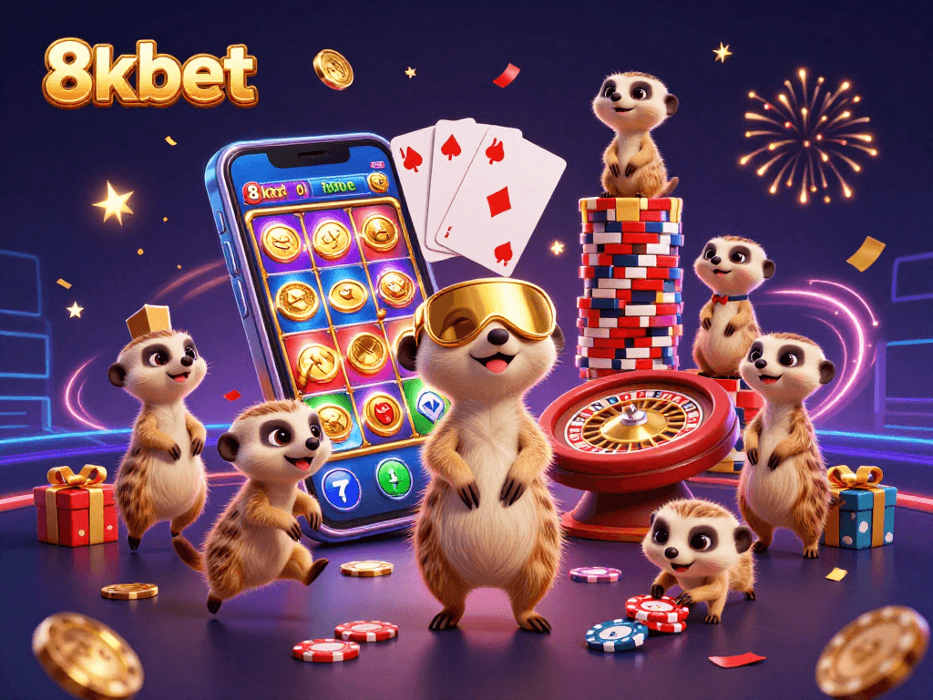 Experience the excitement of 8xbet with lively meerkats orchestrating a vibrant casino scene.