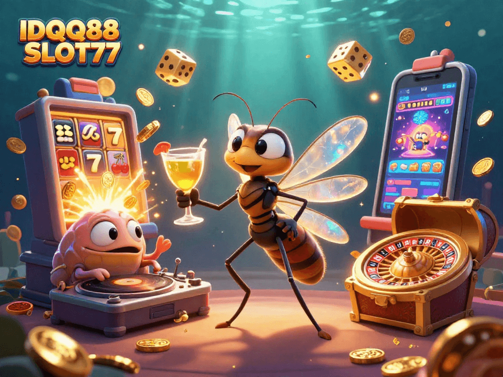 Experience IDQQ88 SLOT77 excitement with a vibrant casino scene featuring unique characters and dynamic game elements.