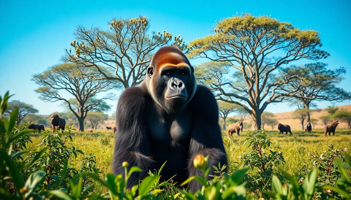 Experience gorilla trekking and Tanzania safari in a vibrant natural landscape, showcasing wildlife and lush greenery.