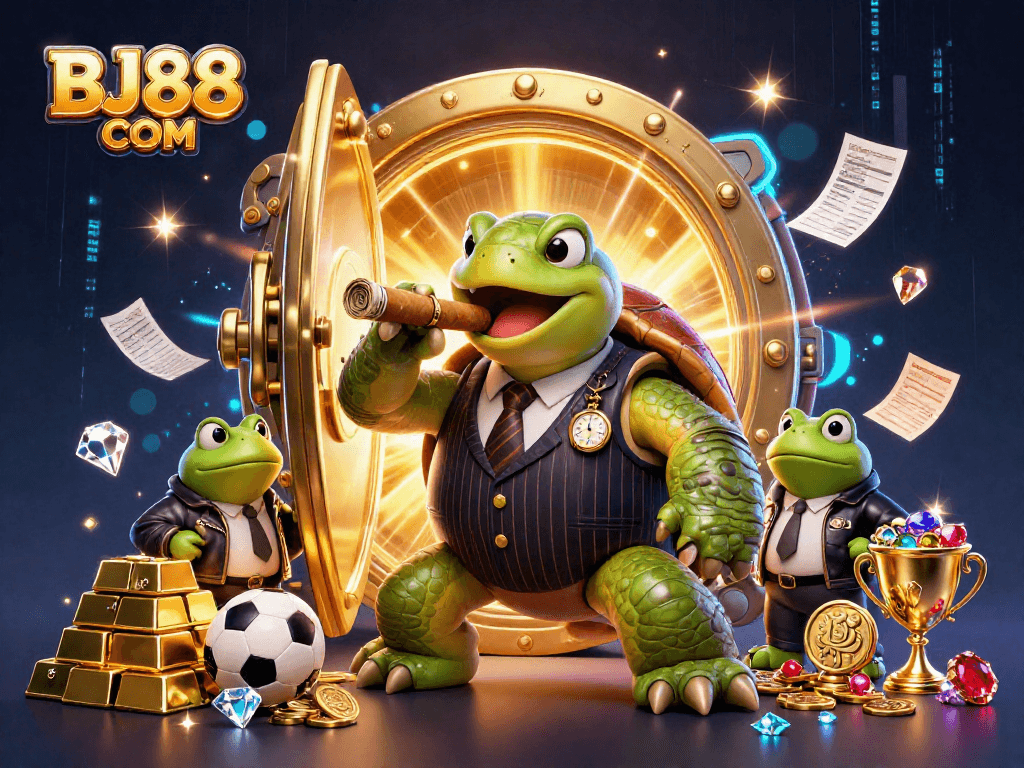Experience the thrill of BJ88 COM with a lively casino scene featuring a mobster turtle and frog enforcers.