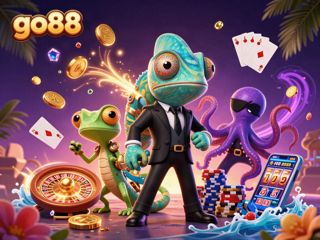 Engage with go88 gaming excitement featuring colorful characters amidst sparkling casino elements.