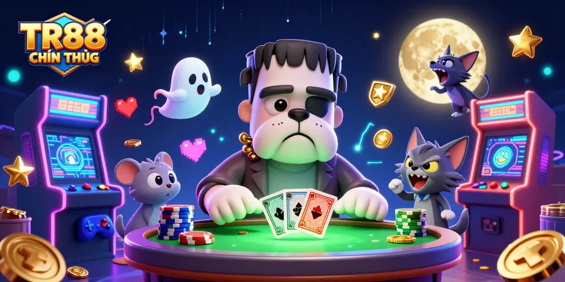 TR88 CHÍNH THỨC showcases a vibrant 3D casino scene with fun characters and gaming elements.
