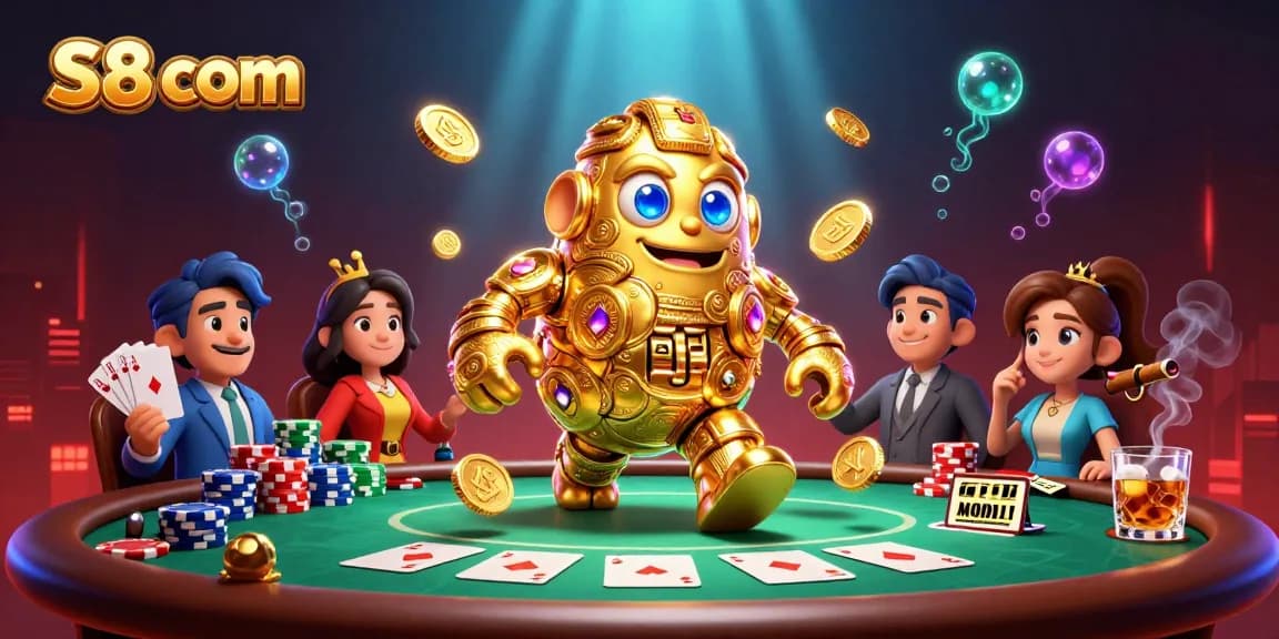 Engage with exciting gaming scenes at S8 com, featuring a dynamic golden golem amidst poker action.