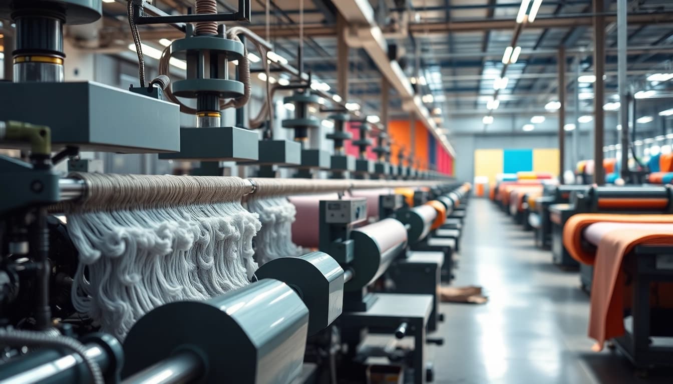 Viscose productieproces in een moderne textielfabriek, met kleurrijke stoffen op de achtergrond.