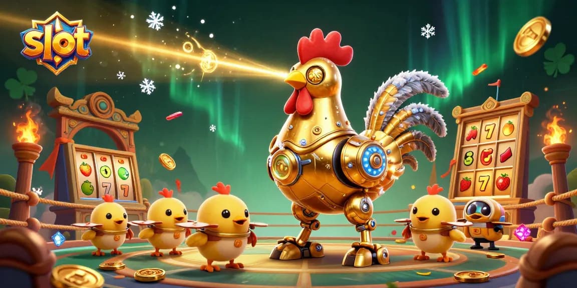 Experience exciting slot action with a golden rooster robot and engaging casino elements