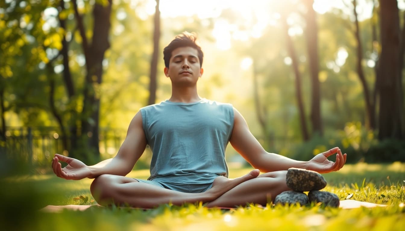 Person meditating in nature to overcome stress and anxiety through mindfulness.