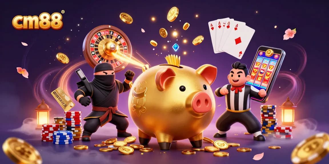 Experience thrilling gaming with cm88 featuring dynamic casino characters amidst golden coins and vibrant casino elements.