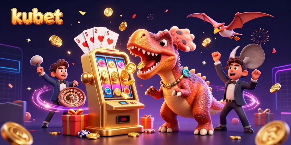 Experience kubet's thrilling moments with cartoon dinosaurs and slot machines in a vibrant digital casino.