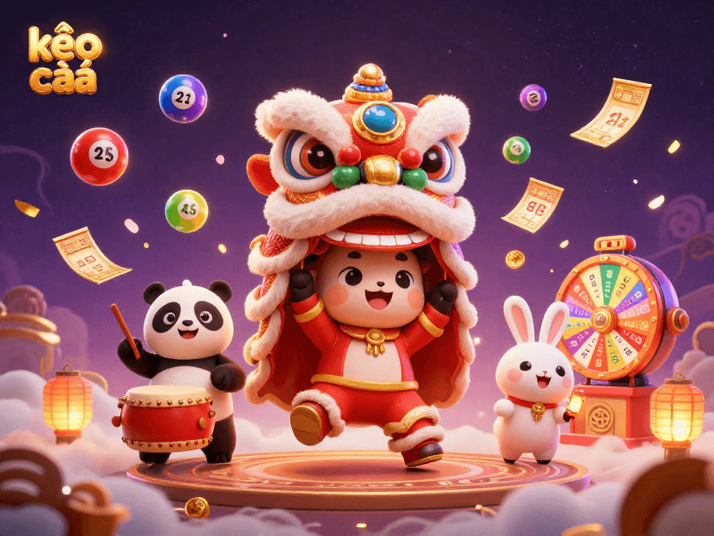 Experience the thrill of kèo nhà cái through a lively 3D illustration of a festive lion dance.