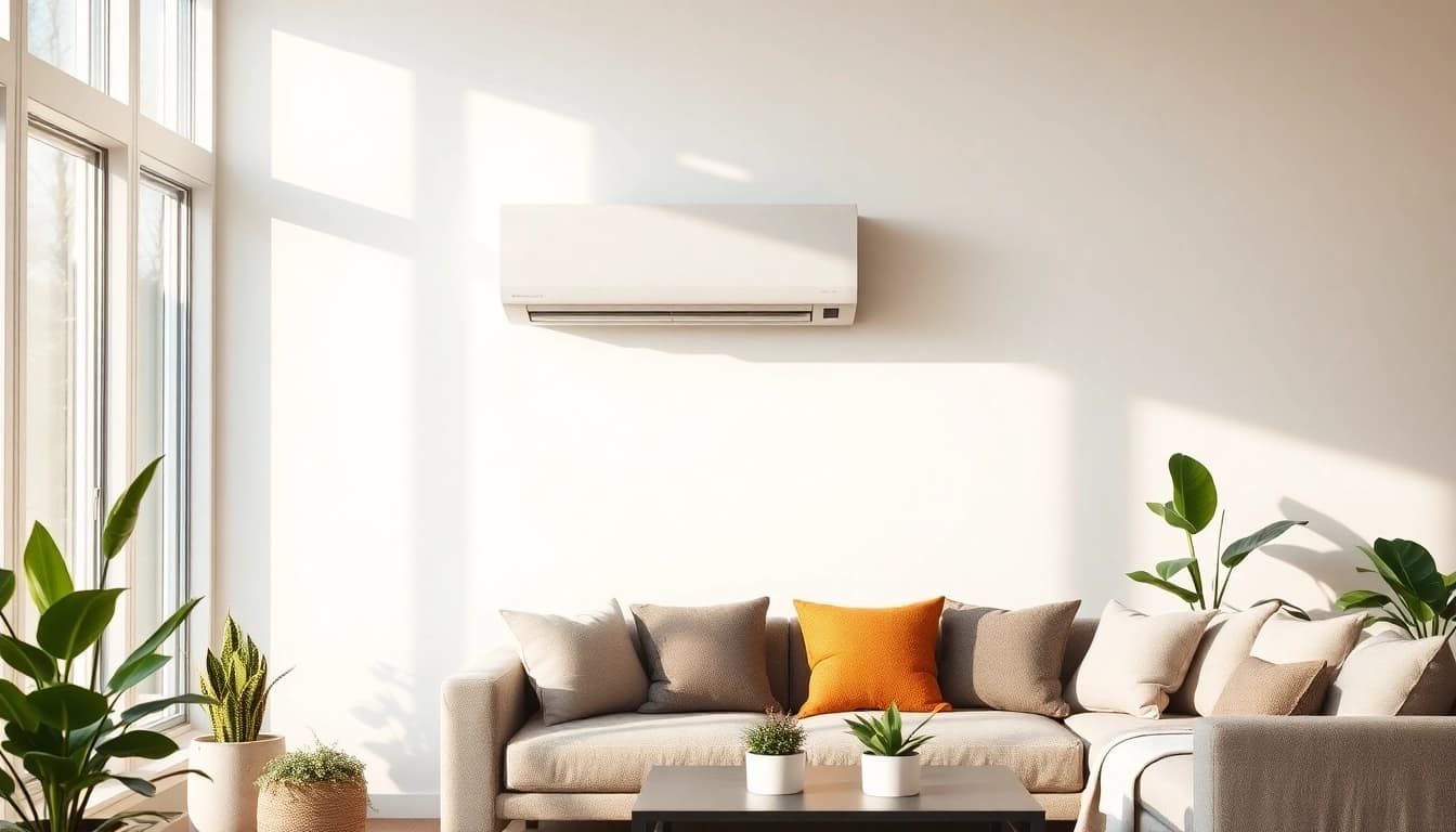 Mounting a mini split AC system in a stylish living room environment.