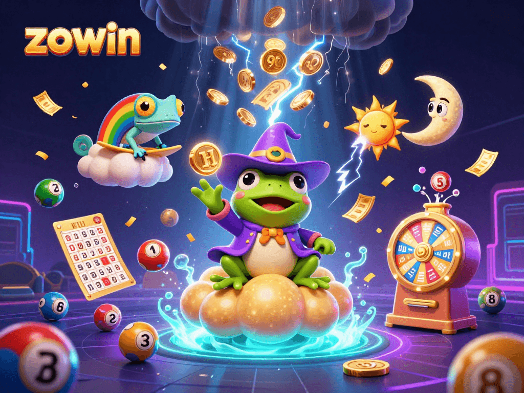 Zowin reveals a vibrant 3D scene of festive gaming action with lottery balls, coins, and prize elements.