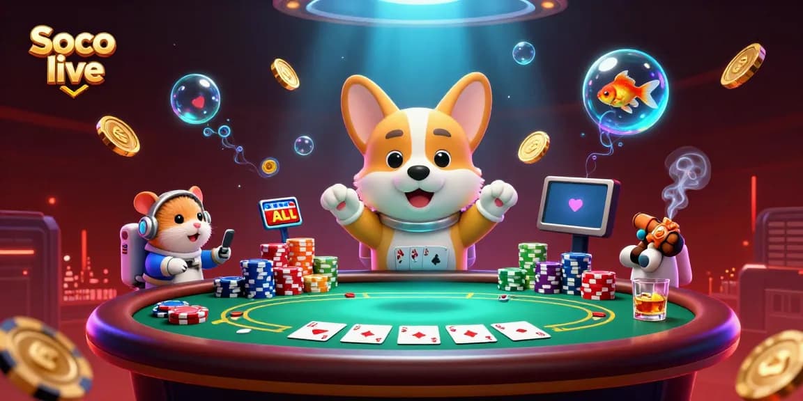 Soco live entertains players with an astronaut corgi and gaming elements in a floating casino scene.