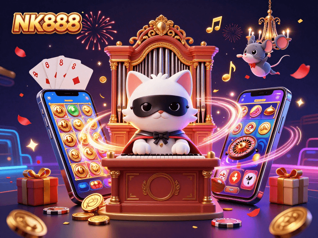Experience the thrill of NK888 with an enchanting casino scene featuring dazzling game elements and characters.