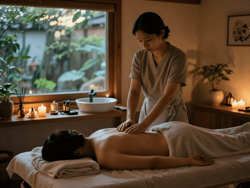 Enjoying a soothing 종로출장안마 massage in a serene therapy studio with calming atmosphere.