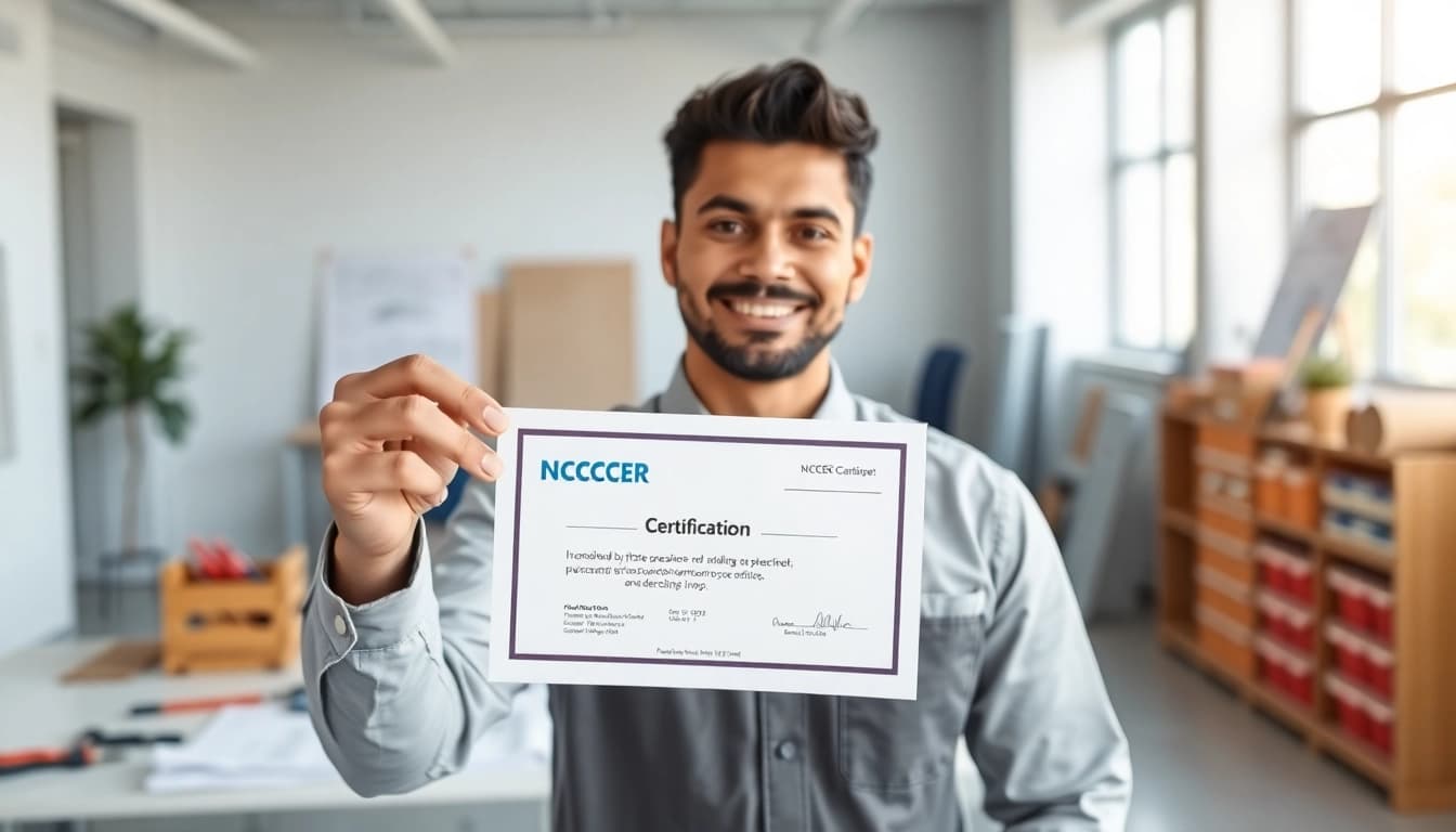 Celebrating nccer certification with a proud tradesperson in a modern office environment.
