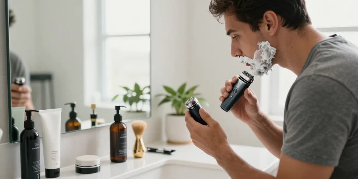 Man examining an electric shaver in a modern bathroom, representing rokok88 grooming solutions with quality and care.
