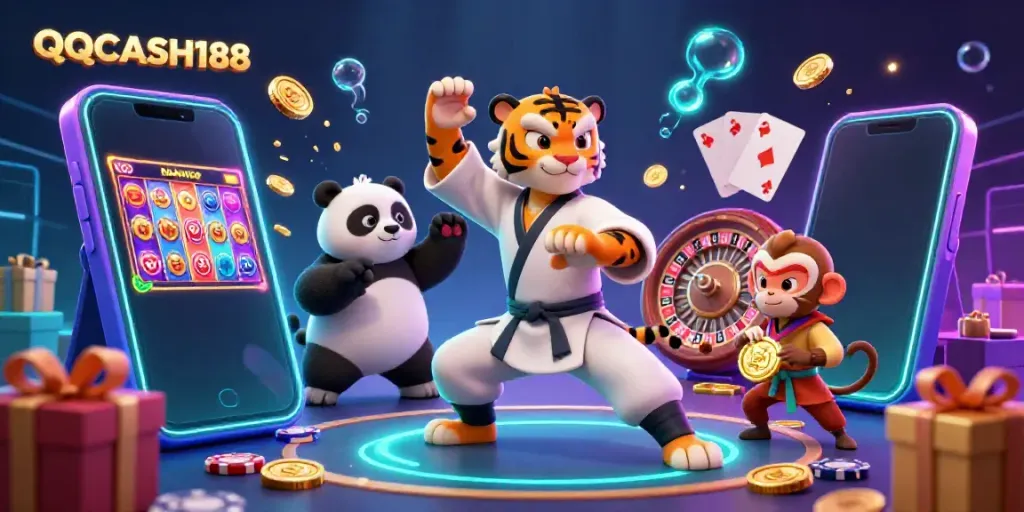 Experience thrilling gameplay at QQCASH188 with energetic cartoon characters and vibrant casino elements.