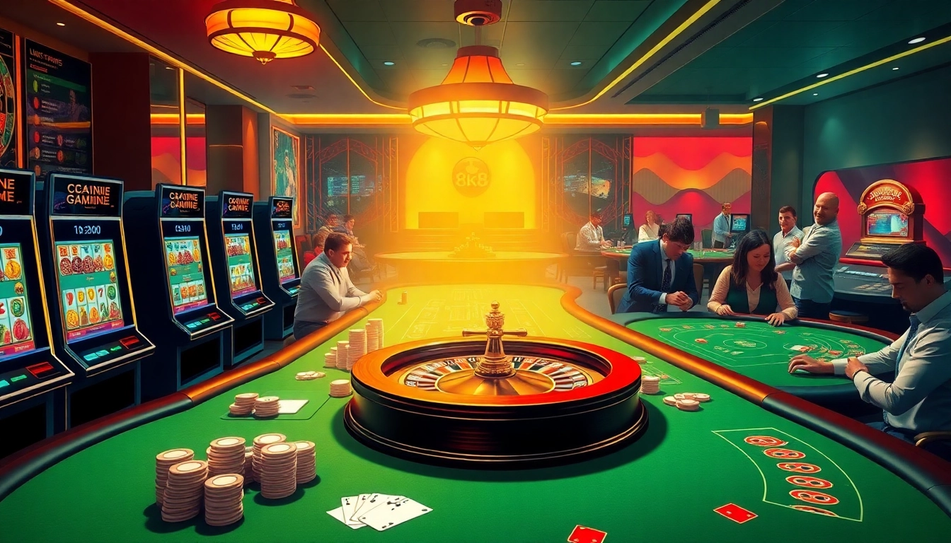 Players enjoy the immersive gaming experience at 8k8 with vibrant slots and card tables.