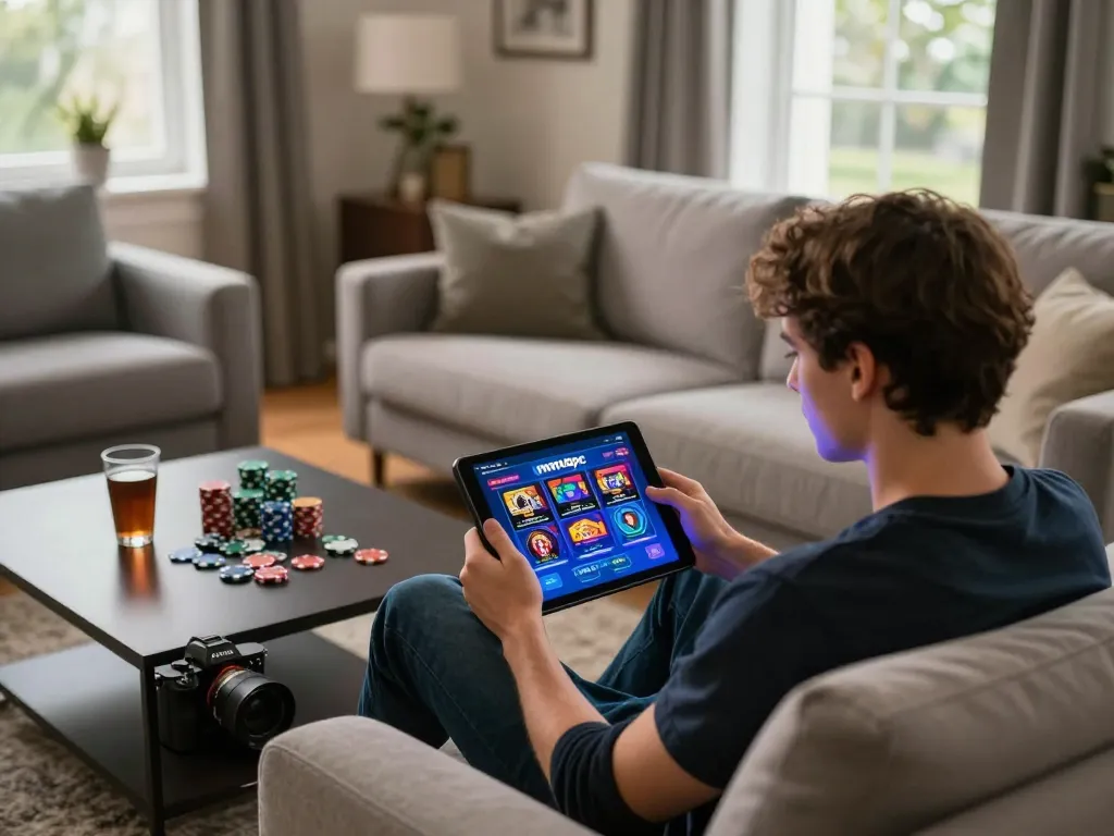 Gamer engaging with mm88pc casino app on tablet in a cozy setting, showcasing online gambling.