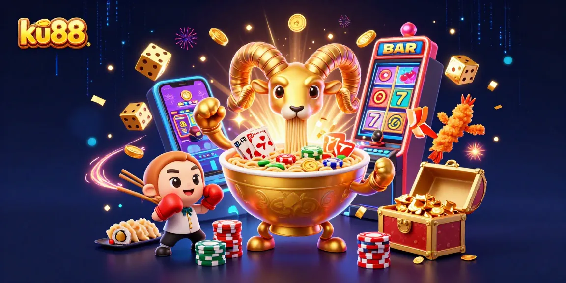 ku88 characters engaging in vibrant casino action with gold coins and slot machine excitement