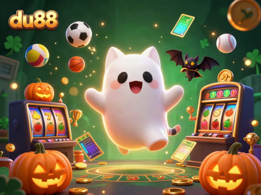 Experience du88 in a haunted mansion, featuring a ghost cat, vampire bat, and glowing jack-o-lanterns.