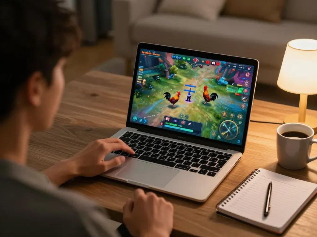 Engaging in đá gà trực tiếp with live streams displayed on a laptop while tracking game strategies.