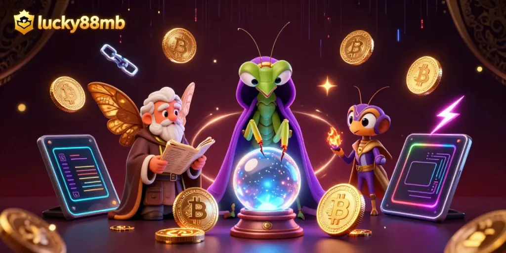 Experience the excitement at lucky88mb with a mystical scene featuring a fortune teller and glowing crypto elements.