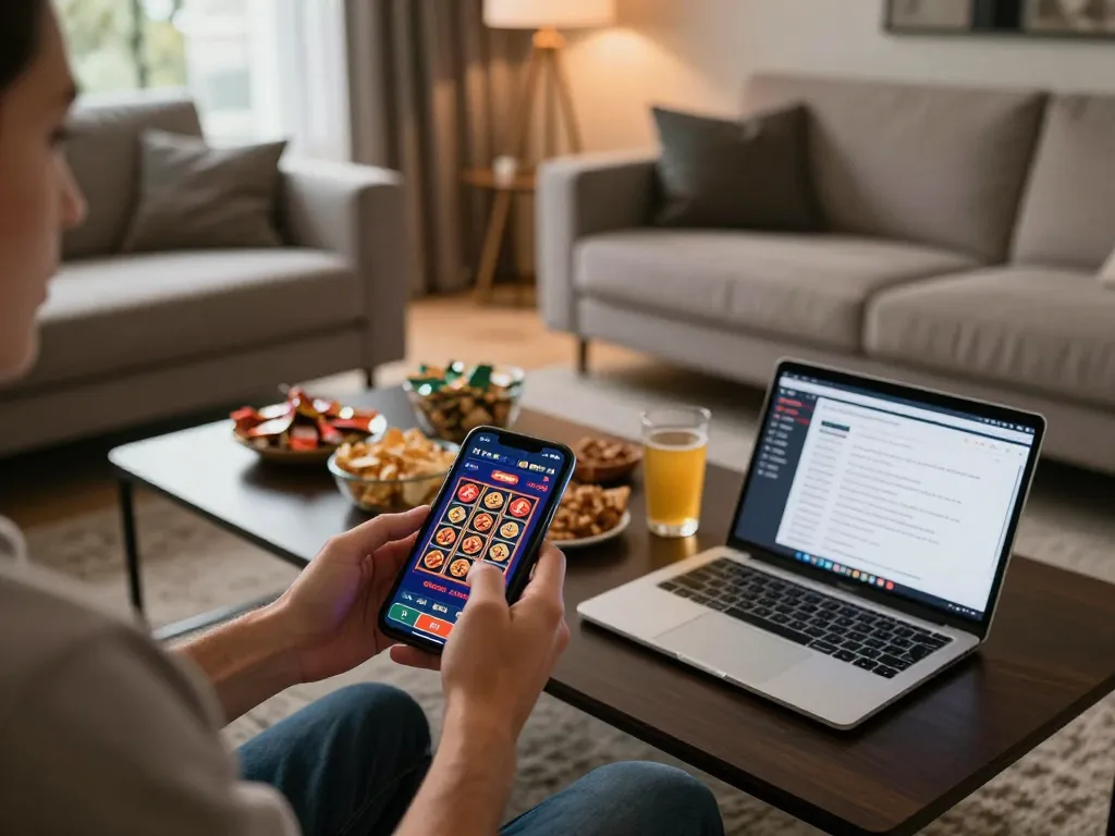 Player engaging with VA88 casino app on smartphone in a cozy living room with strategic notes.