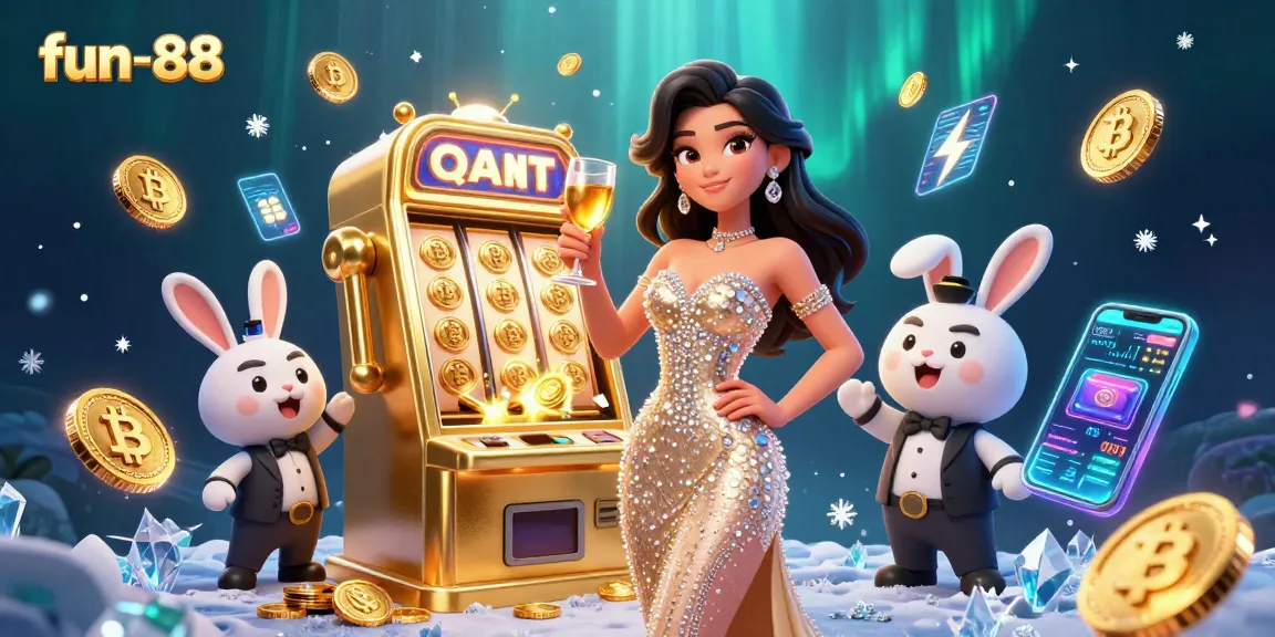 Experience the thrill of fun-88 with a glamorous woman beside a jackpot slot machine, celebrating wins!