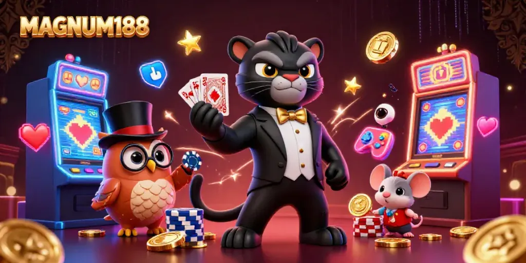 Engaging MAGNUM188 scene with a stylish panther dealing cards and fun casino elements.