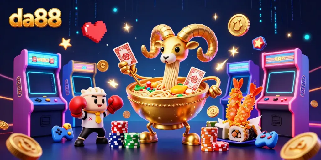 Win big with da88 in a vibrant 3D cartoon casino scene featuring unique characters and gaming elements.