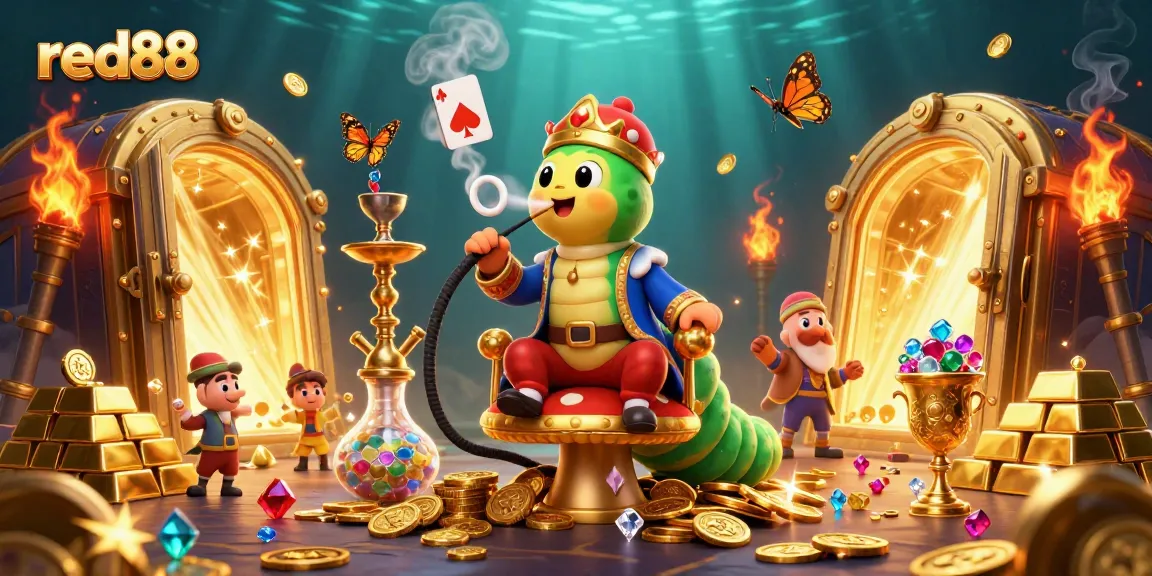 Engage with red88's vibrant casino scene featuring a magical caterpillar and treasures!