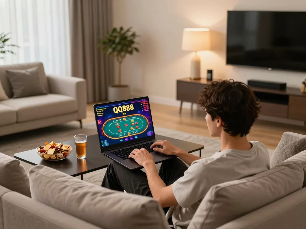 Engaging with QQ888 online casino gaming from a stylish home setup, showing laptop and vibrant interface.