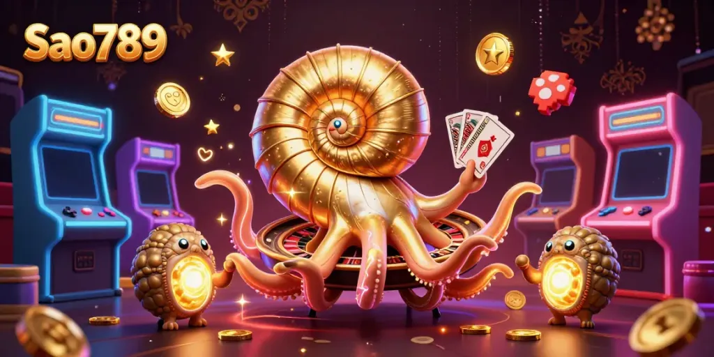 Engage with exciting Sao789 gaming experiences featuring a dynamic casino scene with a nautilus roulette wheel.