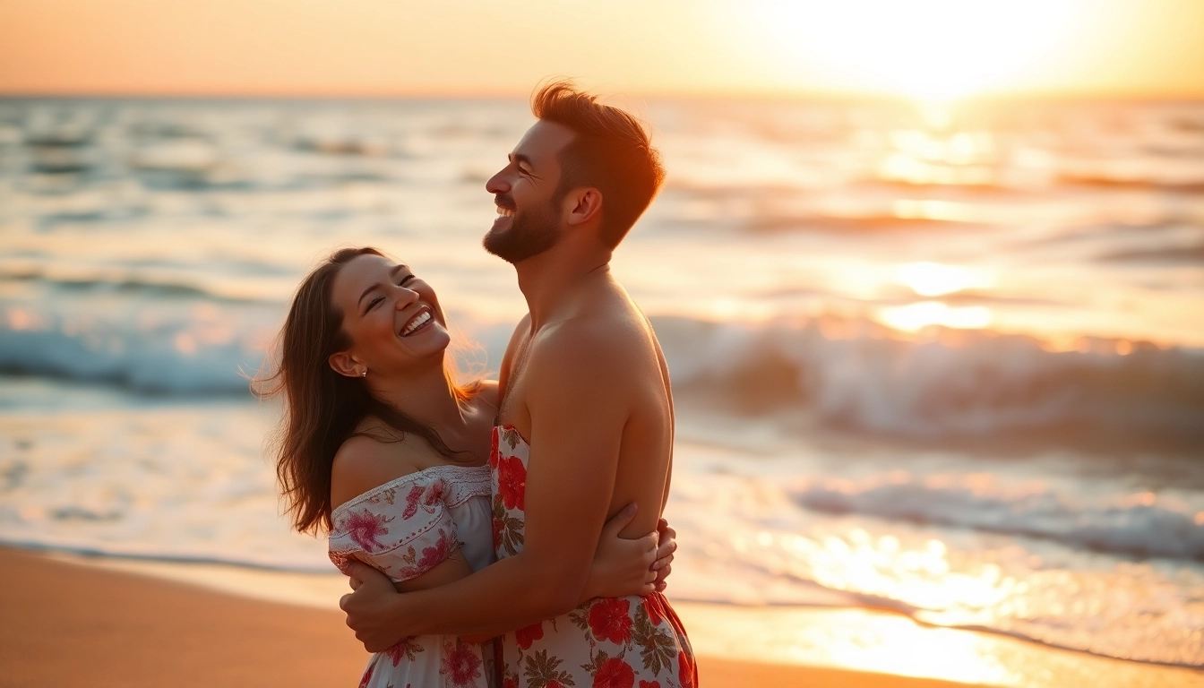 Destination photographer capturing joyful couple on a sunset beach, highlighting romance.