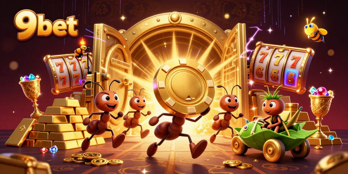 Watch the 9bet heist as a team of cartoon ants carries a giant poker chip amidst gems and golden treasures.