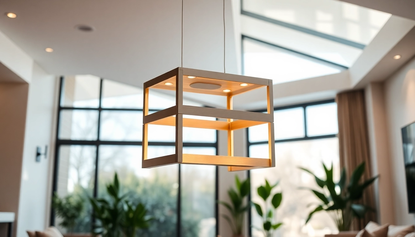 Stunning square light fixture illuminating a modern living room with warm tones.