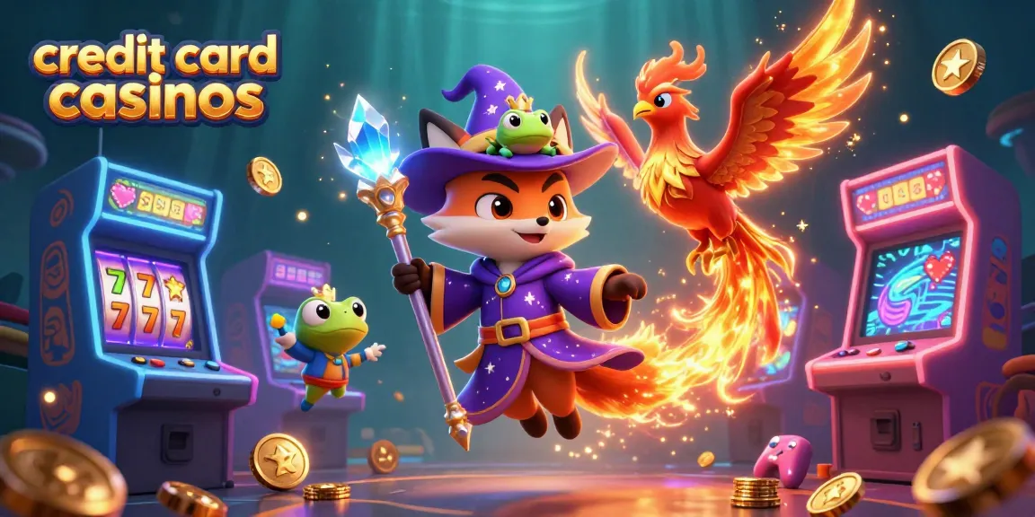 Experience the thrill of credit card casinos with vibrant games and characters in a magical scene.