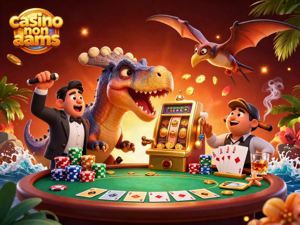 Il casinò non AAMS presenta un pachycephalosaurus che colpisce una macchina a soldi mentre si sollevano monete dorate.