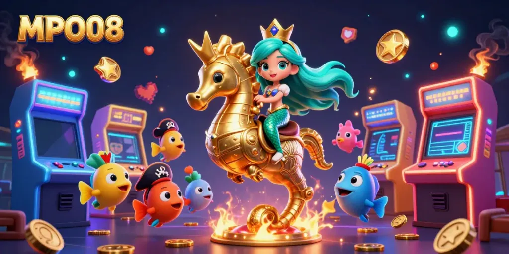 Engage with MPO08, showcasing vibrant 3D casino elements together in an enchanting mermaid scene.