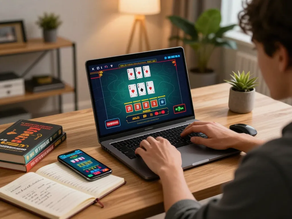 Engaging online gameplay at 79king1 com, featuring a player using a laptop for casino games in a cozy setting.