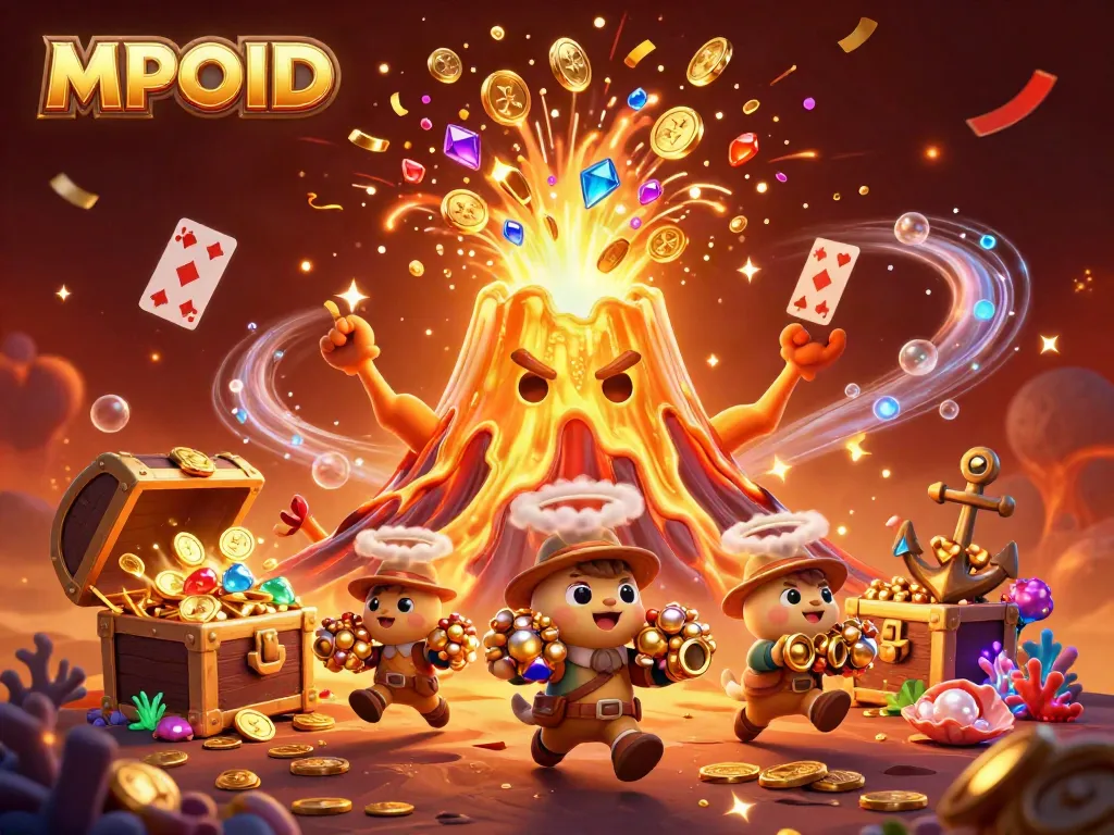 MPOID showcases a triumphant golden volcano surrounded by treasure and casino elements, embodying joy in gaming.